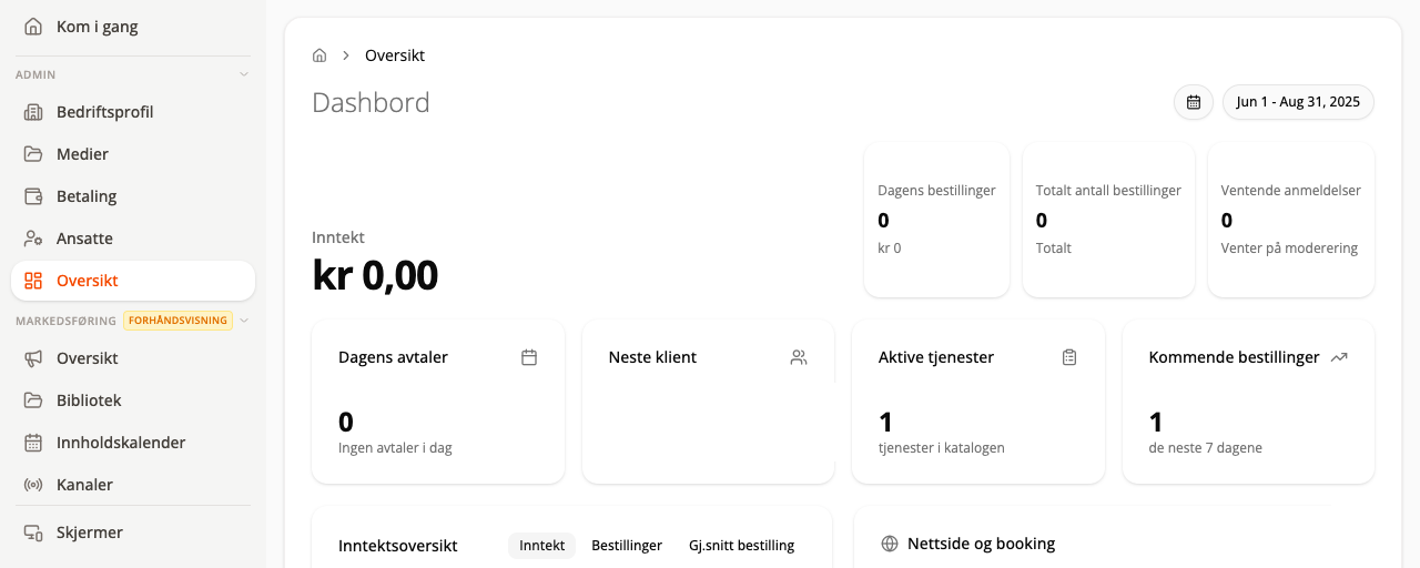 Dashbordet Oversikt i Finta Bedrift